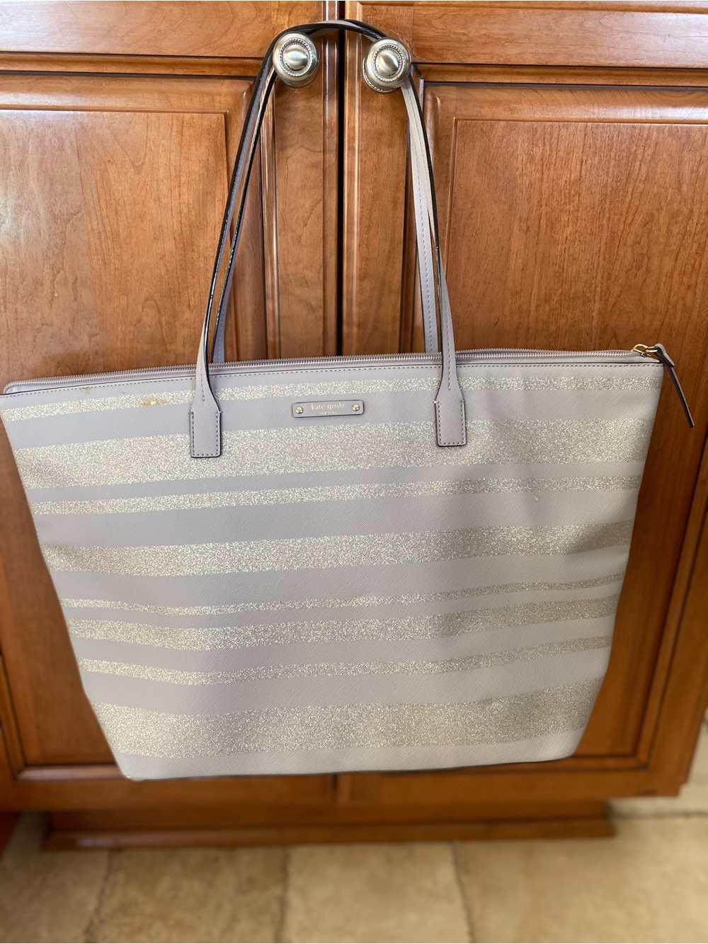 kate spade Taupe Tote with Gold Glitter Stripes